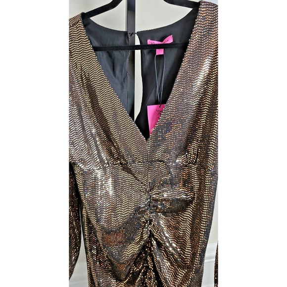 Betsey Johnson Sequin Bodycon Mini Dress Bronze Ruched V Neck Size L - Picture 6 of 12